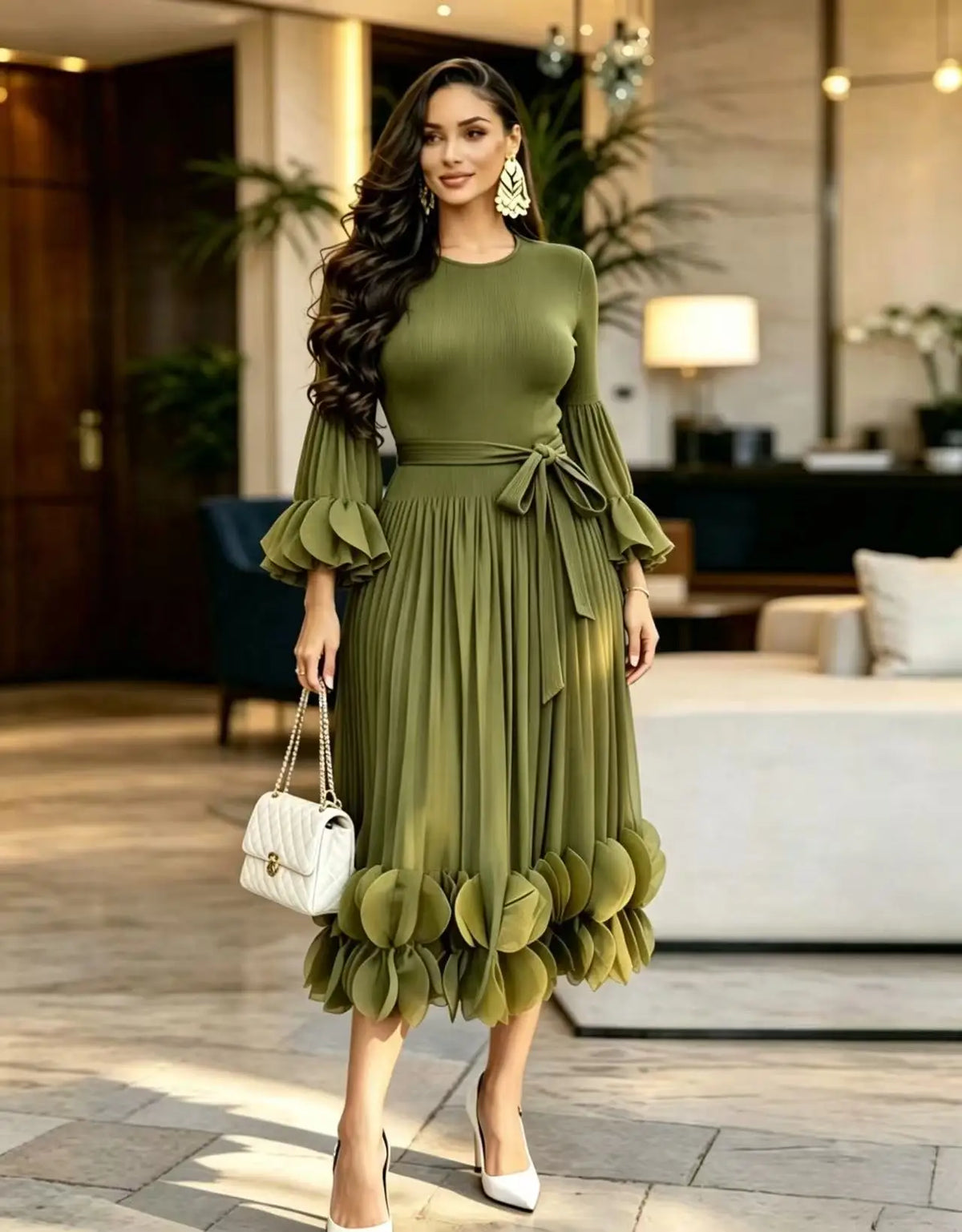 Women's Pleated Ruffle Edge Round Neck Long Dress