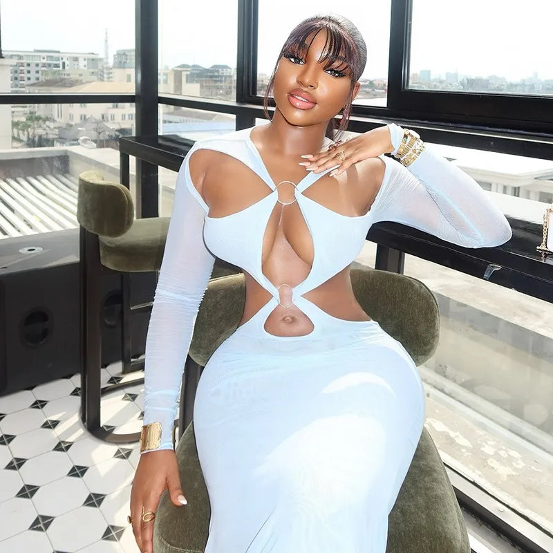 Women's Sexy Hollow Out Backless Gauze Long Sleeve Maxi Dress