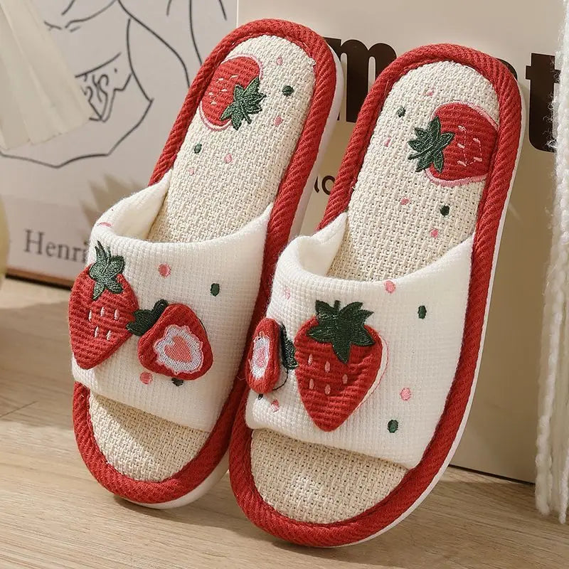 Strawberry Print Linen Floor Slippers with Soft Non-Slip Sole