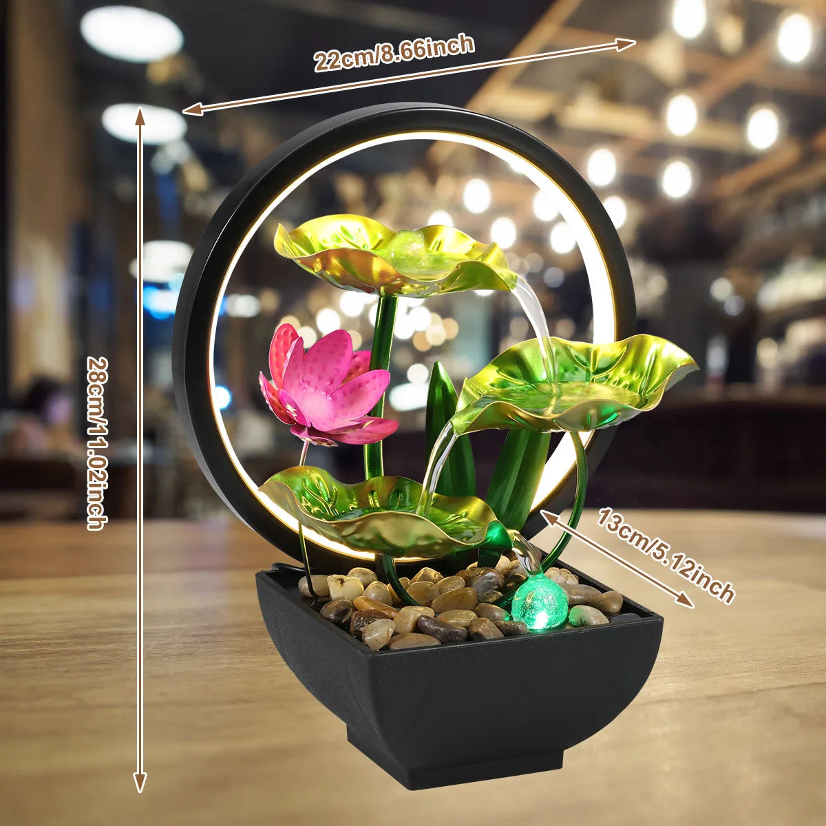 Lotus Leaf Tabletop Water Fountain and LED Light Waterfall
