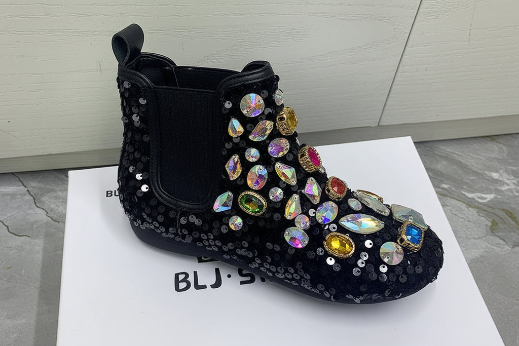 Women's Rhinestone Flat Ankle Boots Plush Winter Snow Shoes