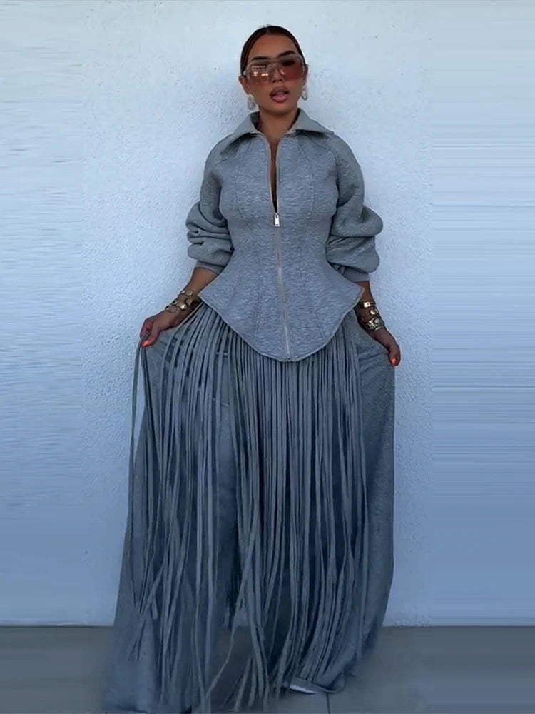 Women's Fringe Lapel Collar Zip Up Wide Leg Tracksuit Set
