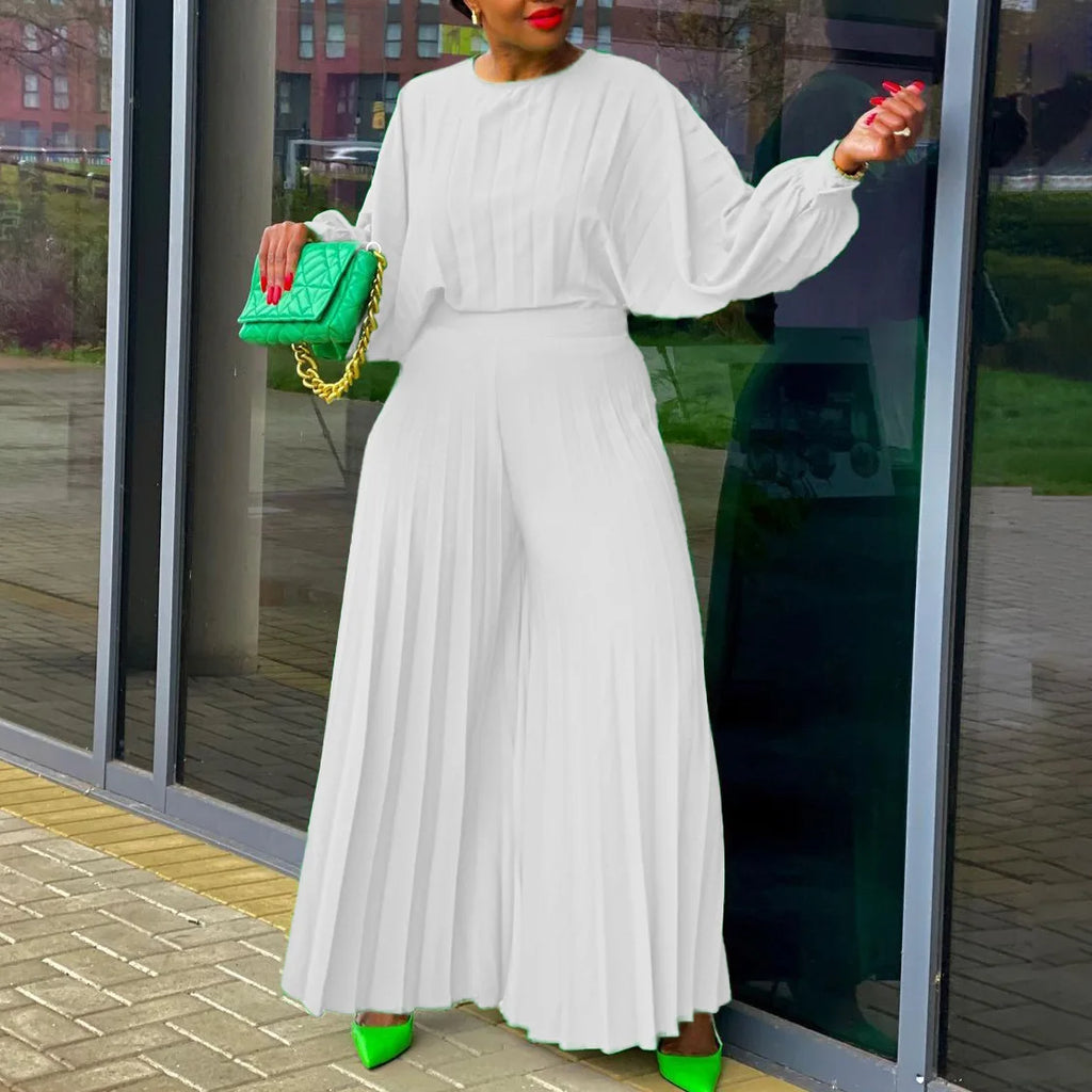 Women's Pleated Batwing Sleeve Wide Leg Pants Set
