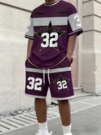 Men's Letter Stripe Print Round Neck T-Shirt and Drawstring Shorts Set
