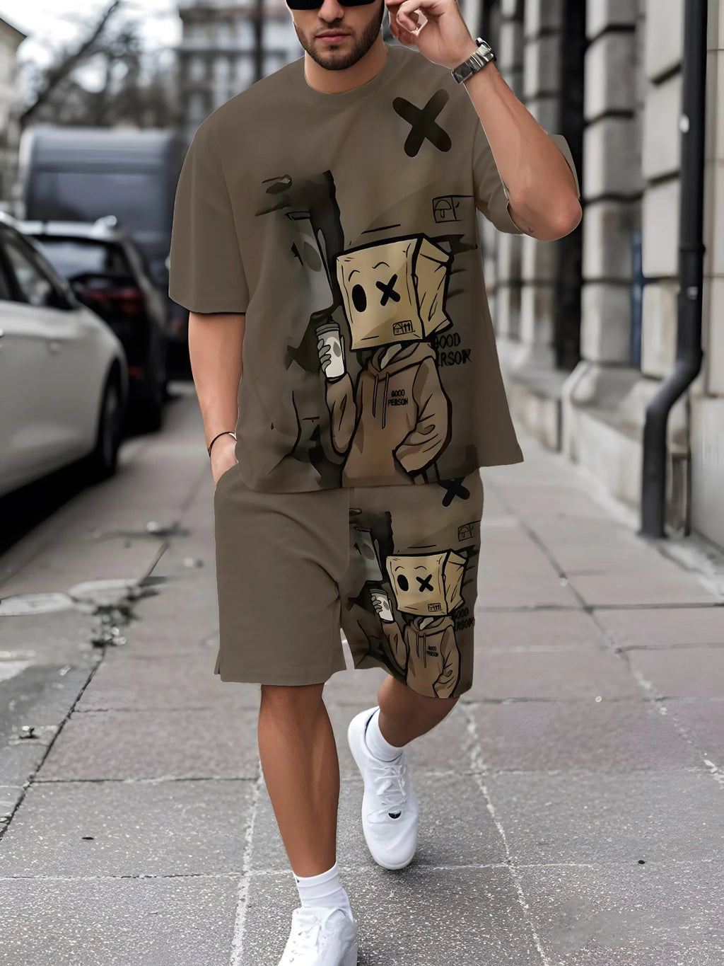 Men's Casual Graffiti Print T-Shirt and Shorts Two Piece Set
