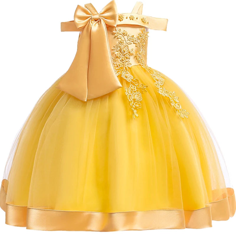 Girls' Flower Applique Bow Princess Ball Gown Dress
