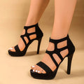 Women's Hollow High-Heeled Fashion Sandals with Back Zipper Black