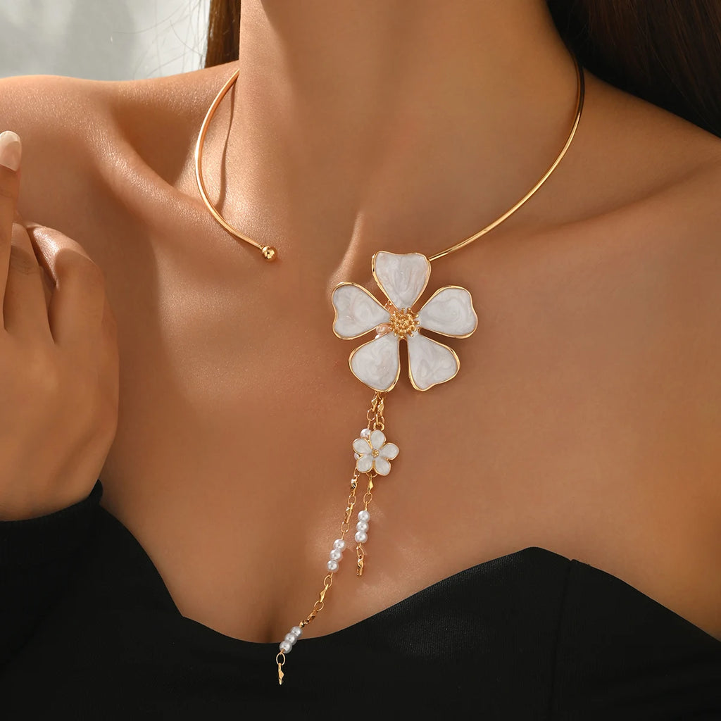 Women's Fashion Bohemian Enamel Flower Pearl Tassel Open Choker Necklace