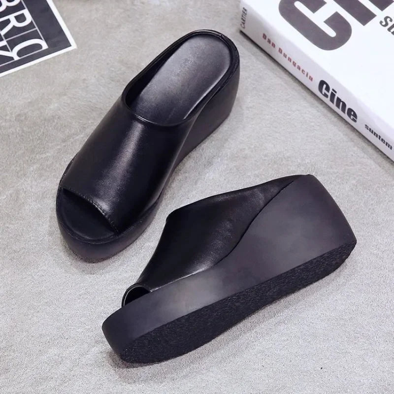 Women's Peep Toe Wedge Sandals Platform Slip On Mules