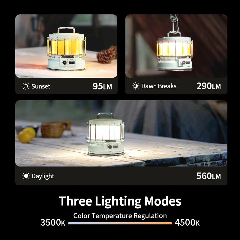 Vintage 3-in-1 Rechargeable Camping Lantern with 9600mAh Power Bank