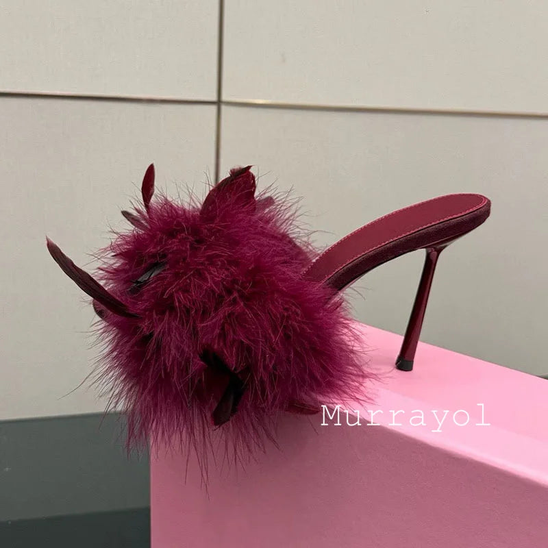 Women's Feather Embellished Split Toe Thin High Heel Sandals