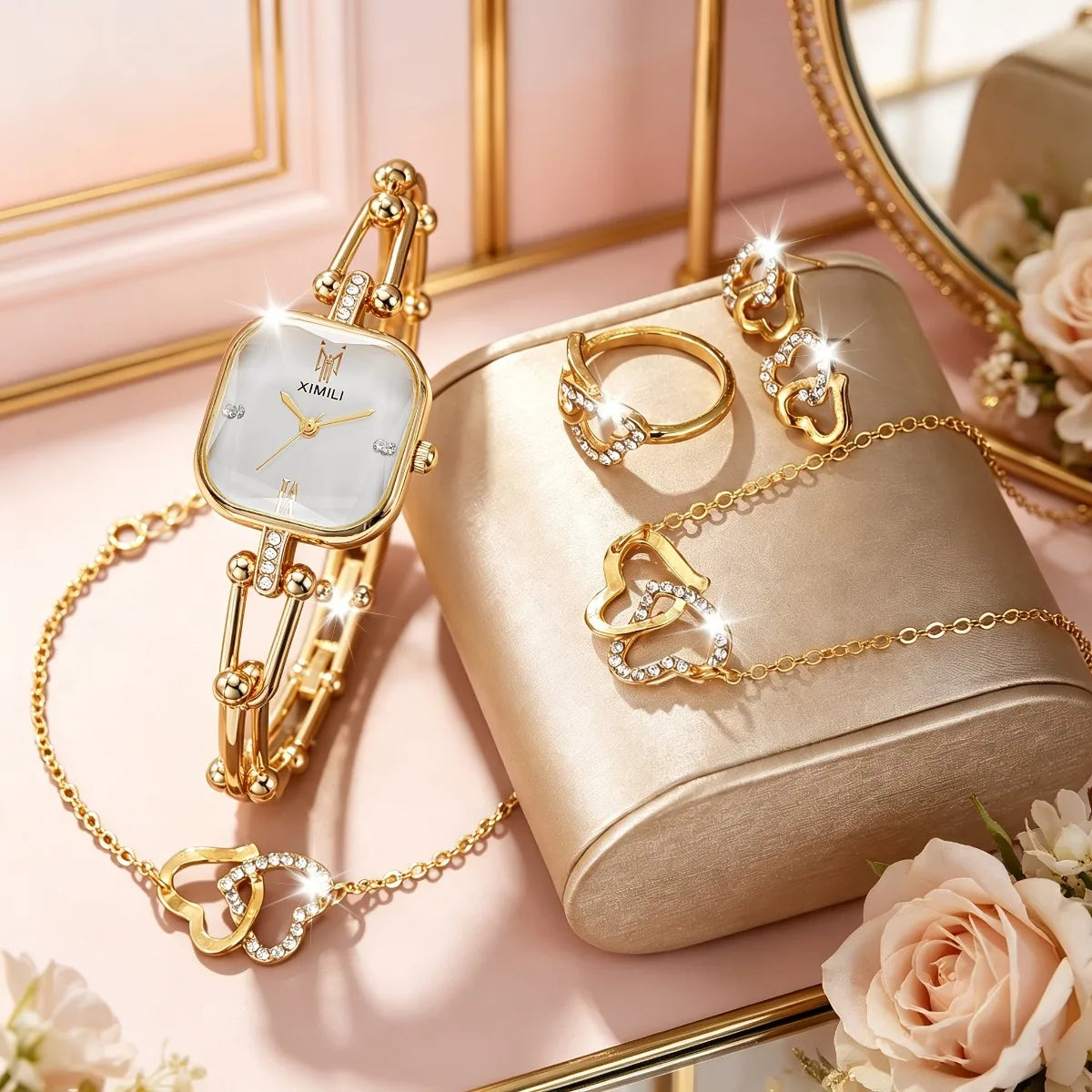 Square Women's Quartz Watch and Jewelry 6-Piece Set