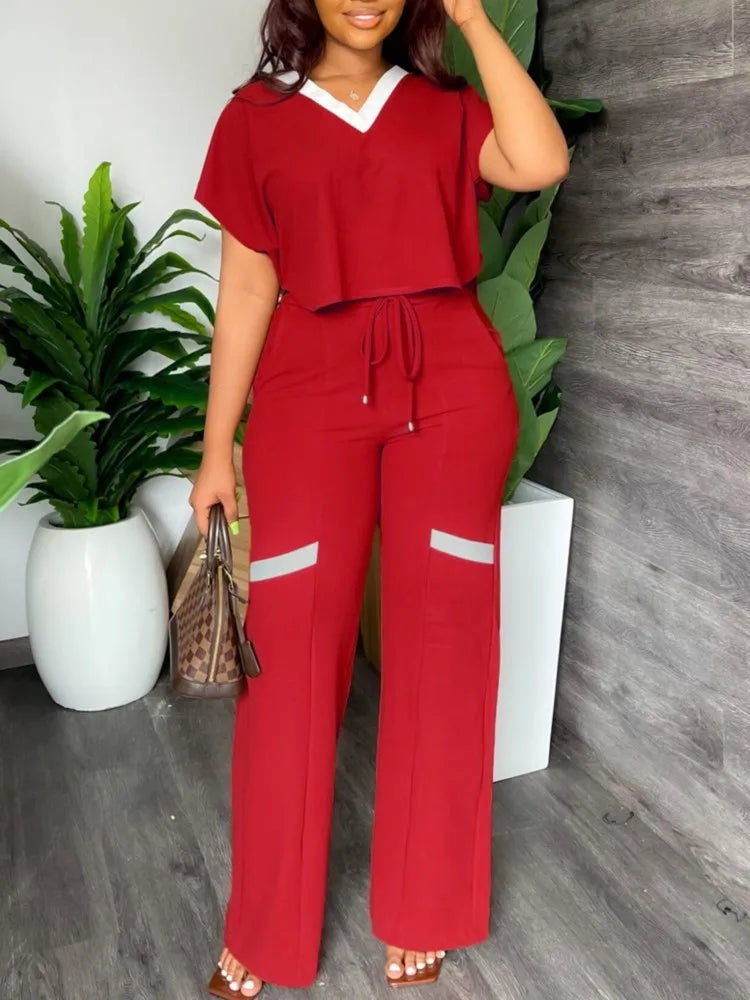 Women's Casual Short Sleeve Top and Straight Pants Set