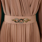 Women's V Neck Pleated Belted Mid Calf Dress
