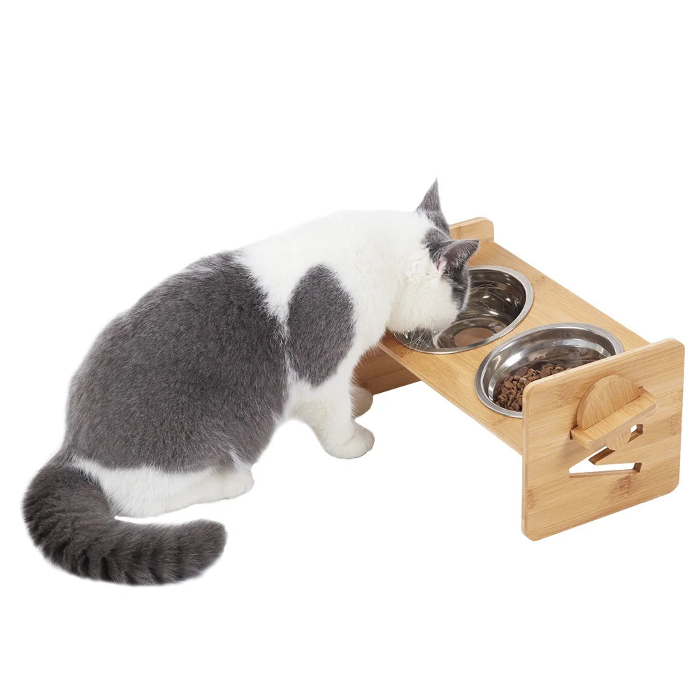 Adjustable Elevated Dog Bowls with 2 Stainless Steel Bowls and Bamboo Stand