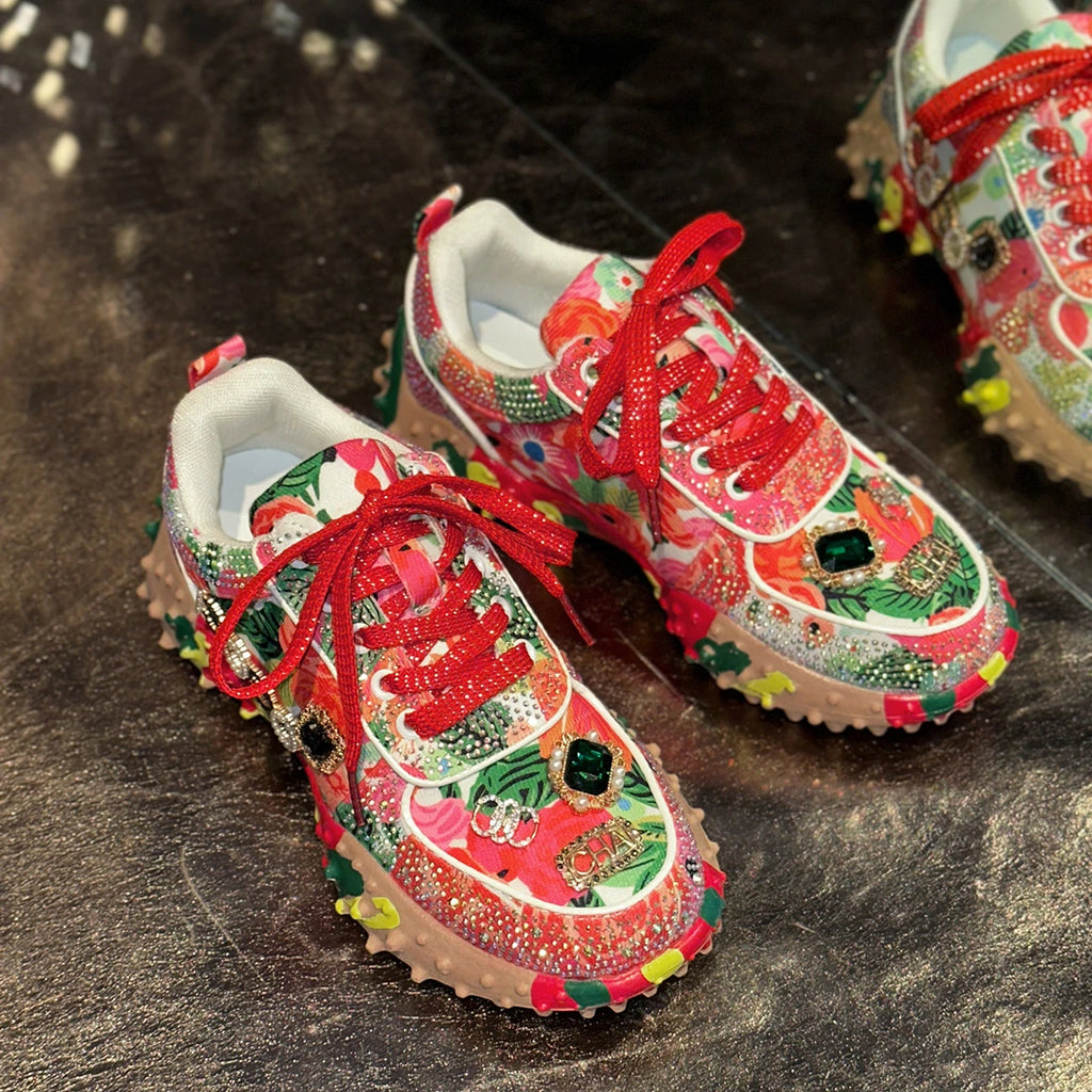 Women's Rhinestone Platform Lace-Up Casual Sneakers