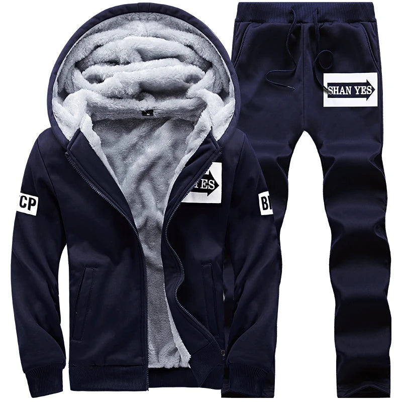 Men's Casual Plush Thickened Hoodie and Pants Two Piece Tracksuit Set