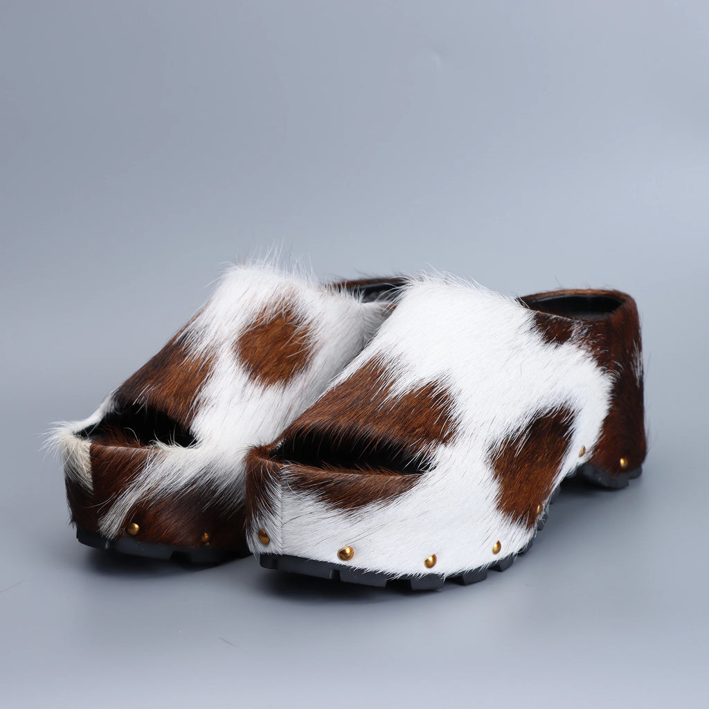Women's Luxury Calf Hair Mules Platform Sandals Slip-On Slides