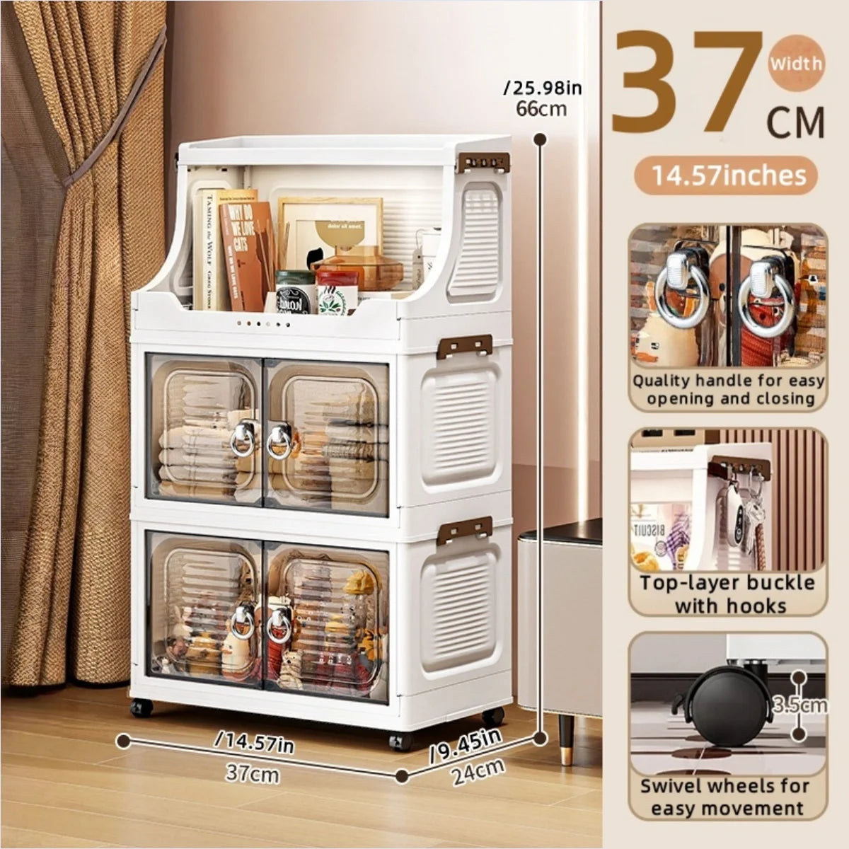 14.6in Foldable PP Plastic Storage Cabinet and Rolling Organizer