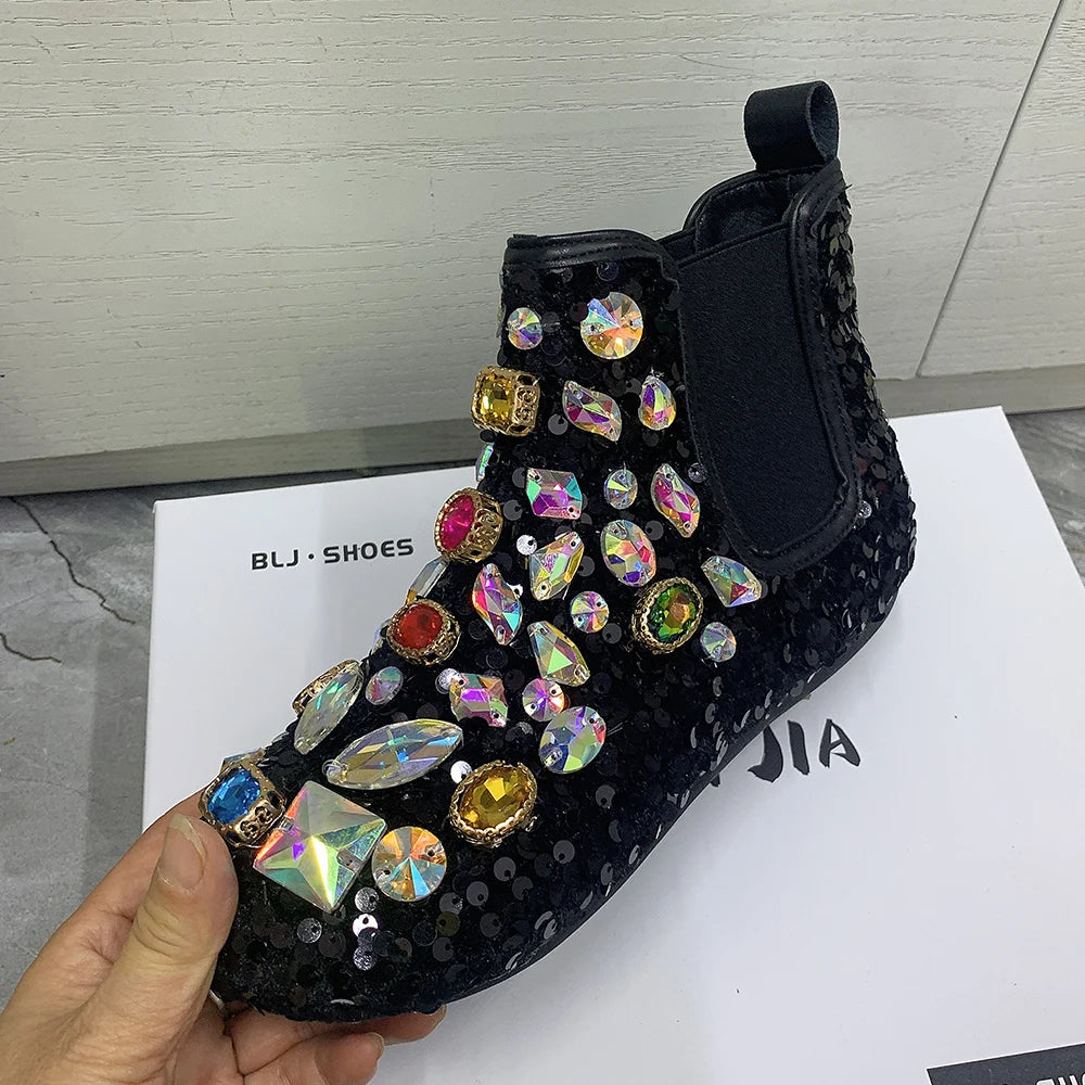 Women's Rhinestone Flat Ankle Boots Plush Winter Snow Shoes