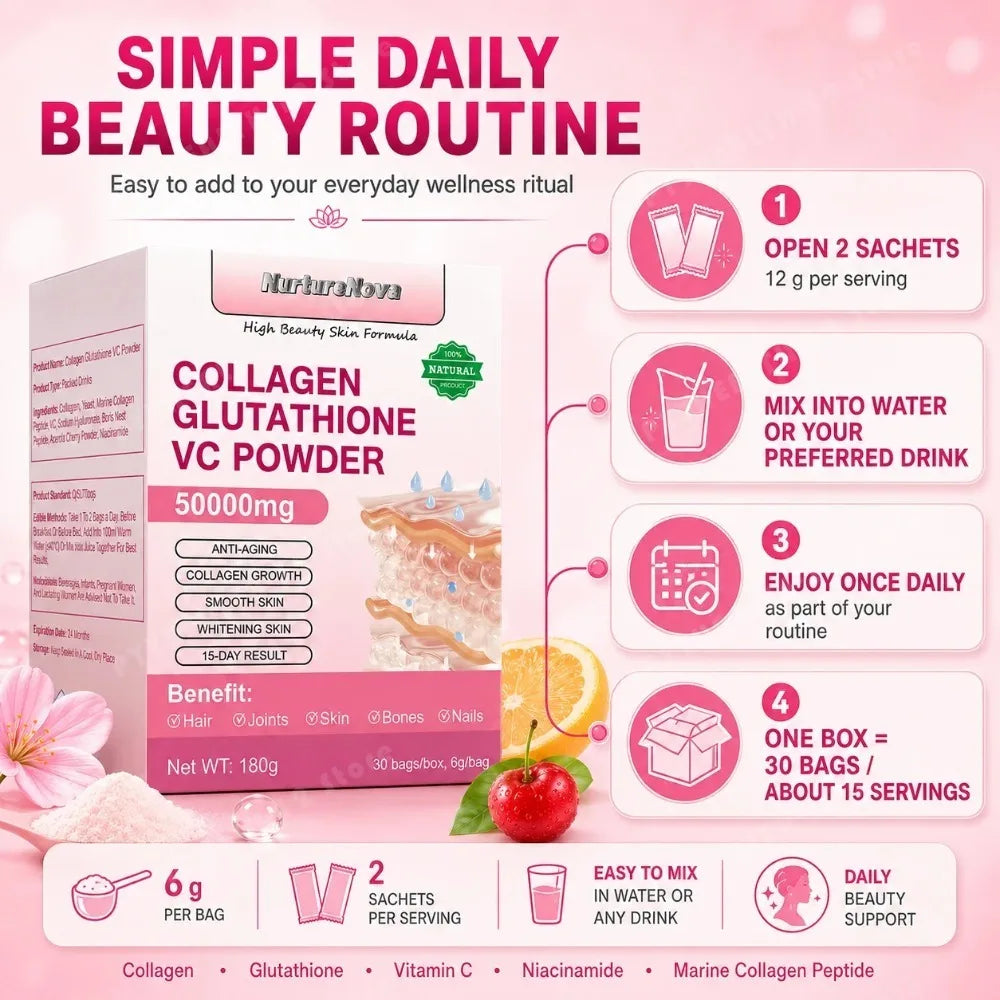 Marine Collagen Peptides Glutathione Vitamin C Powder 30 Sachets 6.3 oz