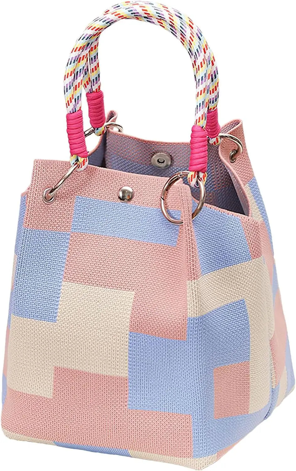 Women's Mini Knitted Geometric Colorblock Bucket Handbag