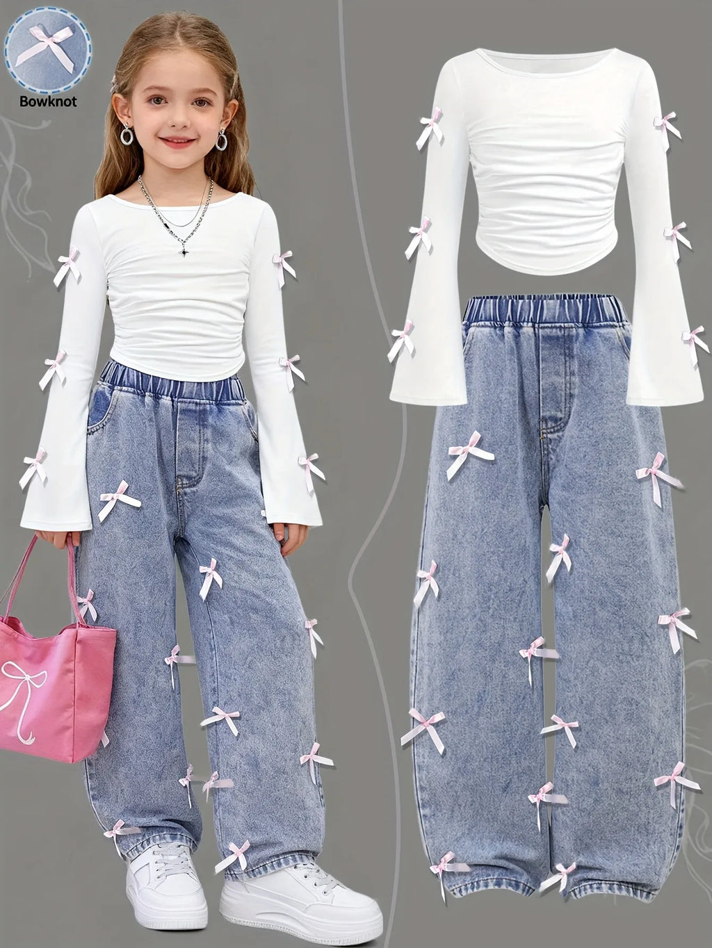 Girls' Bow Decor Crop Top Wide Leg Jeans Two-Piece Set