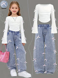 Girls' Bow Decor Crop Top Wide Leg Jeans Two-Piece Set