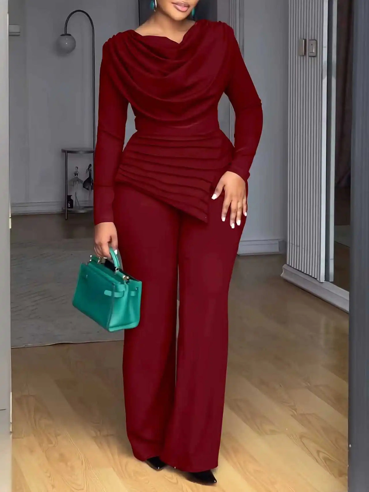 Women's Pile Collar Top Wide Leg Pants Set