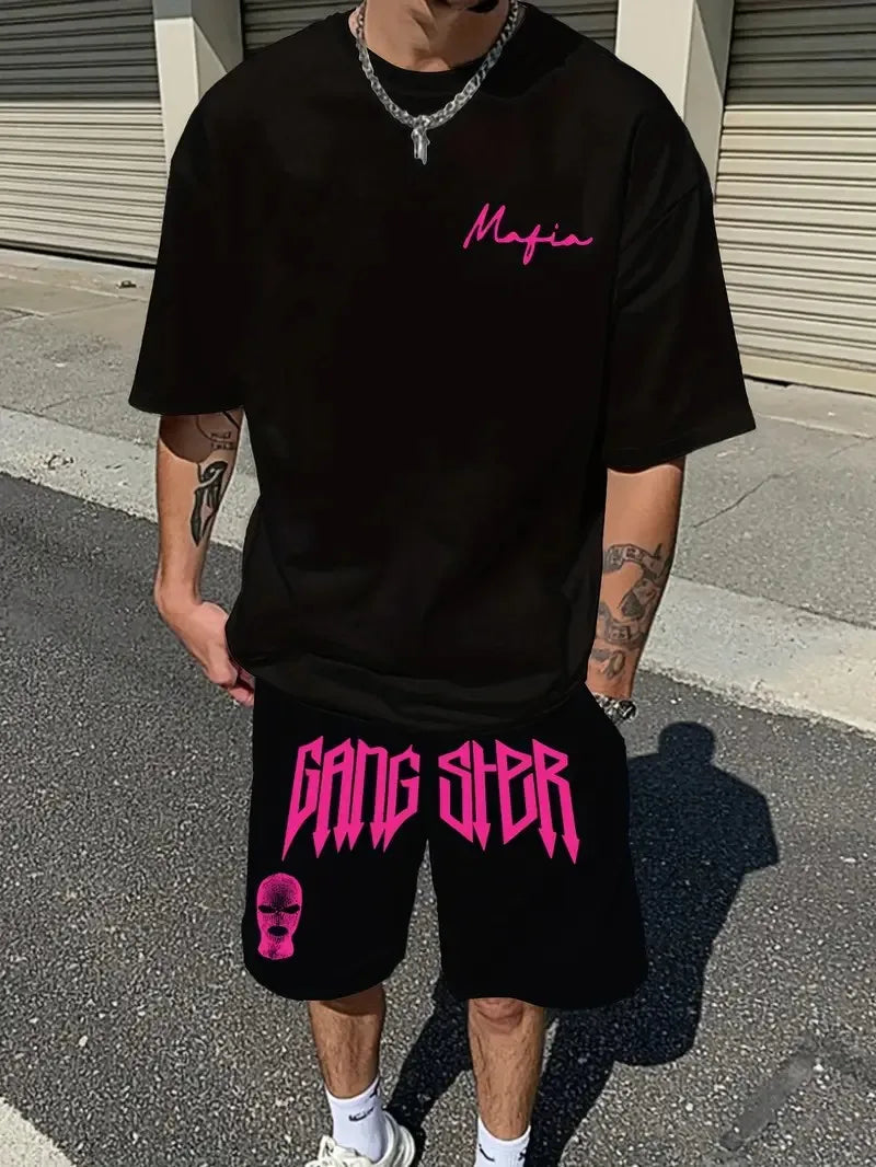 Men's 3D Letter Print Round Neck T-Shirt and Drawstring Shorts Set