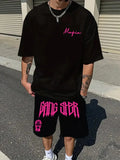 Men's 3D Letter Print Round Neck T-Shirt and Drawstring Shorts Set