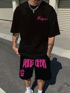 Men's 3D Letter Print Round Neck T-Shirt and Drawstring Shorts Set