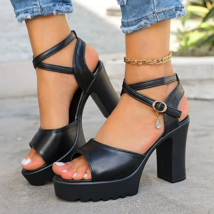 Women's Square Heel Gladiator Pumps Diamond Buckle Platform Sandals