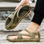 Men's Straw Summer Sandals Buckle Strap Casual Flip-Flops