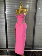 Women's Sexy Spaghetti Strap Rhinestone Pink Bandage Maxi Dress