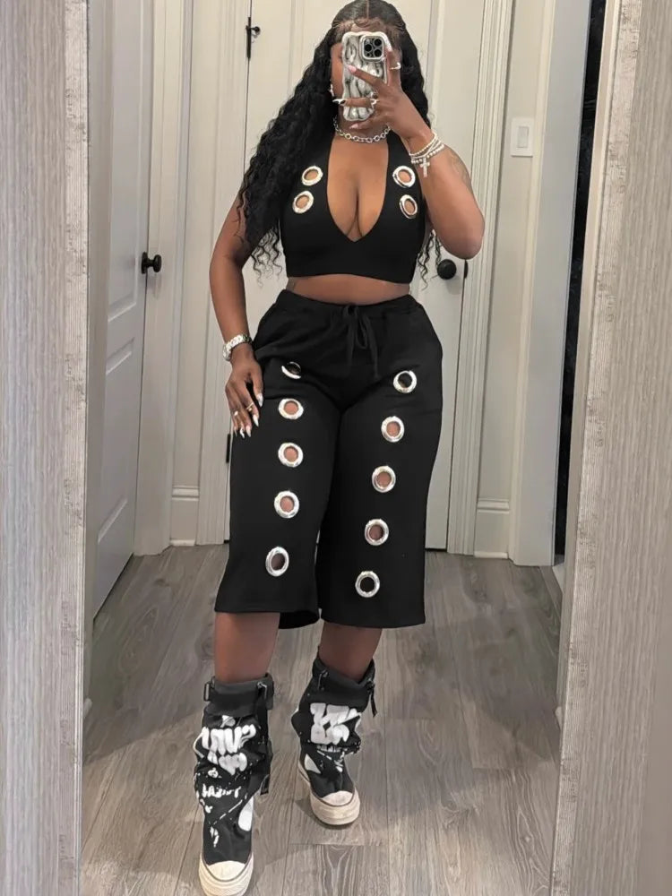 Women's Sexy Sleeveless Crop Top and Shorts Two Piece Set