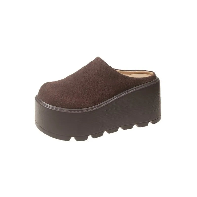 2025 New 9cm Women's Platform Heel Mules Casual Buckle Shoes Closed Toe Backless Slip On Walking Increase Height Wedge Slippers