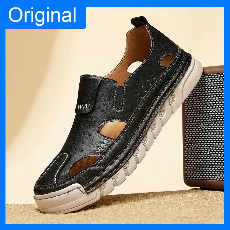 Men's Hand-Sewn Leather Sandals for Daily Outdoor Comfort Rubber Sole