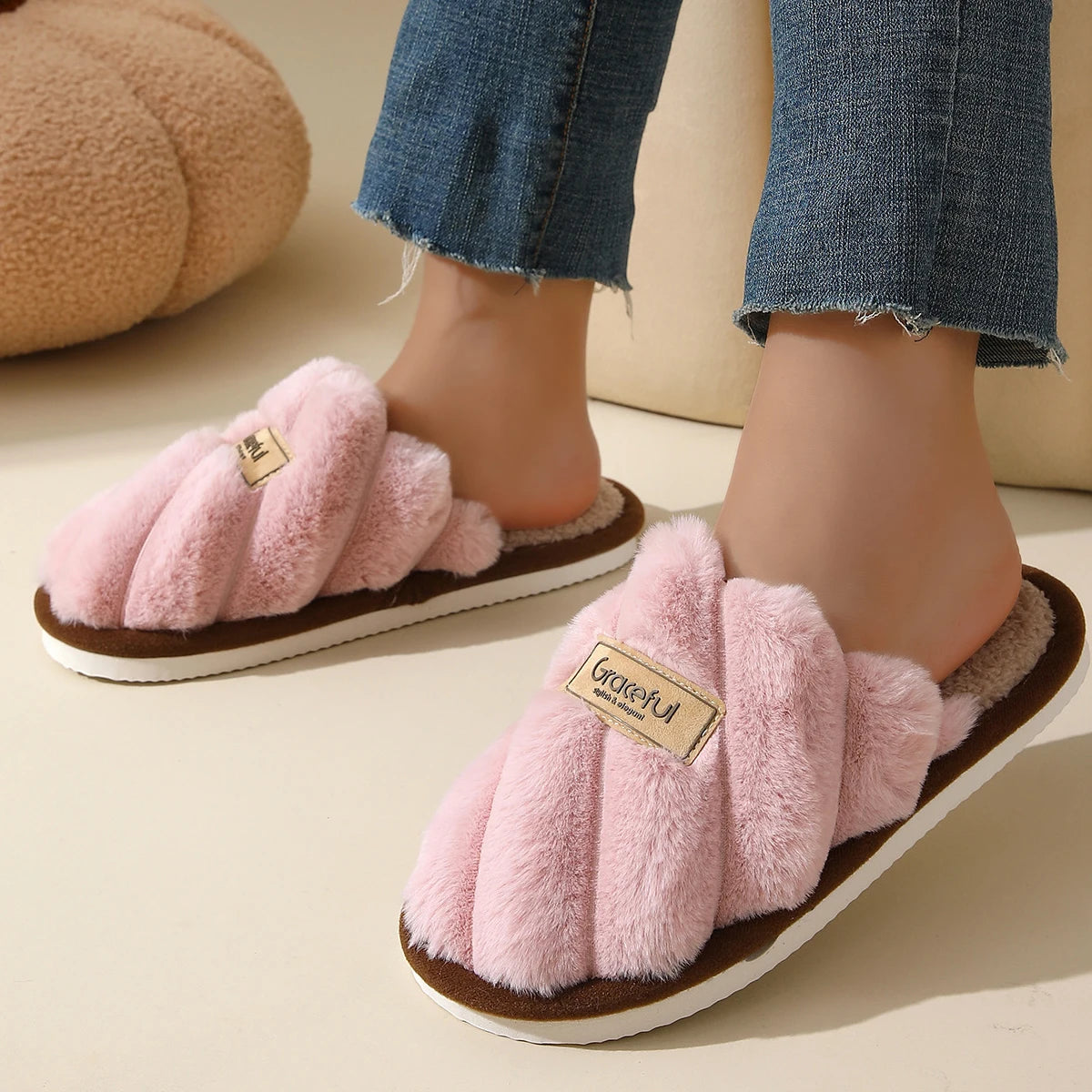 Winter Warm Plush Women's Slippers Soft Flat Indoor Bedroom Shoes