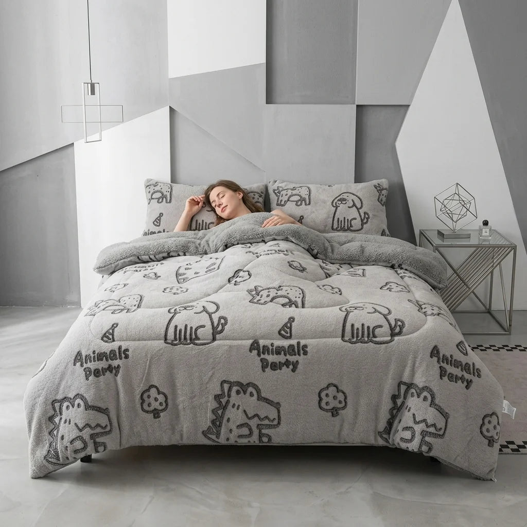 Floral Quilted Comforter and Thickened Lamb Fleece Blanket