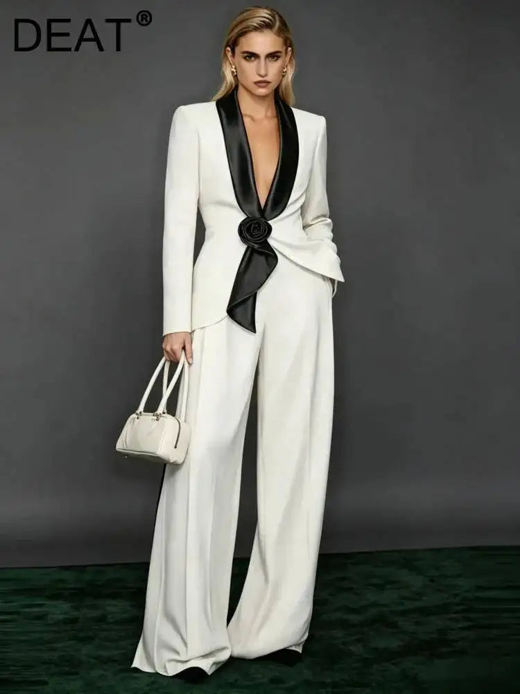 Women's 3D Flower Ribbon Blazer Straight Pants Suit
