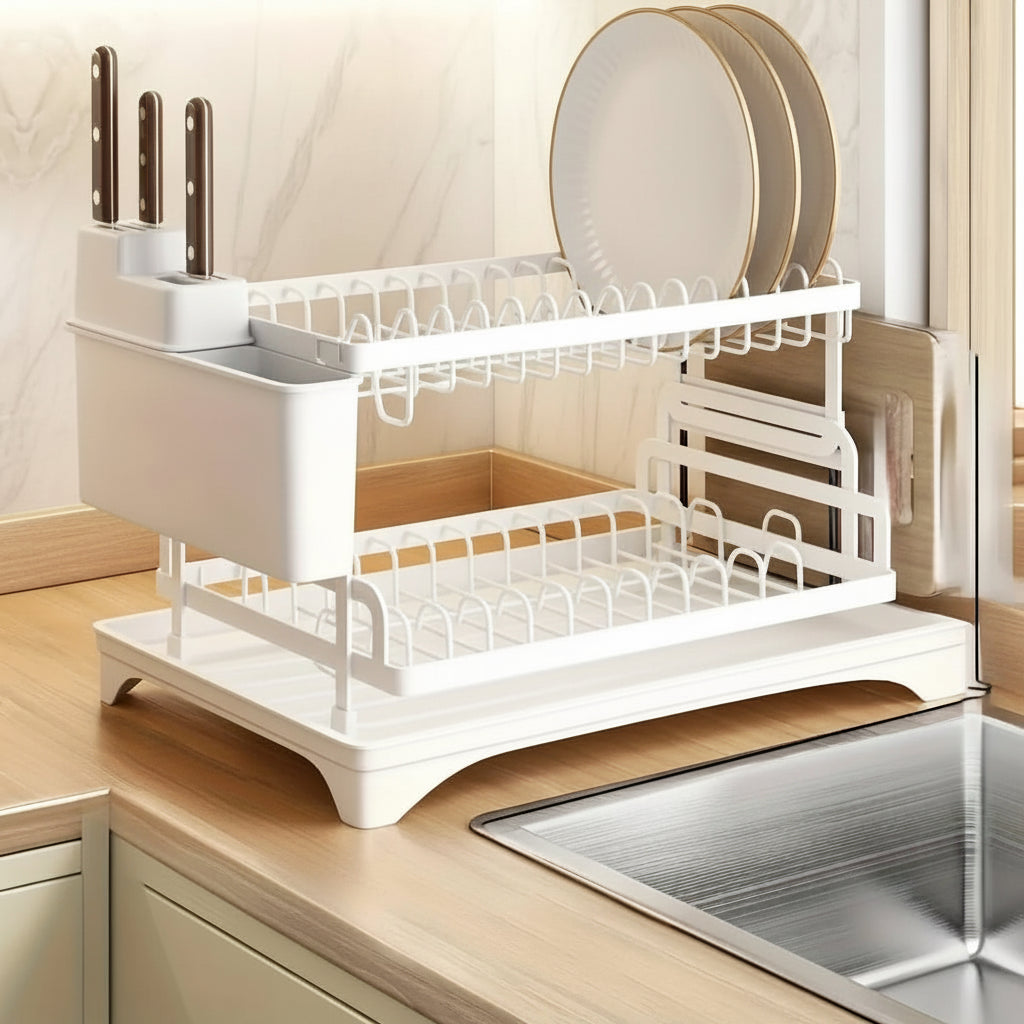 2 Tier Dish Drying Rack and Drainboard Set with Utensil Holder