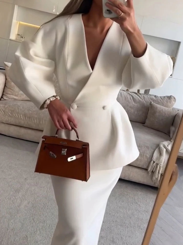 Women's Puff Sleeve Blazer and Skirt Set