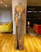 Women's Sequins High Neck Long Sleeve Split Evening Dress