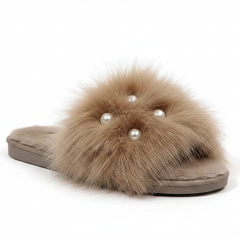 Women's Faux Fur Pearl Slippers Open Toe Plush Home Slides