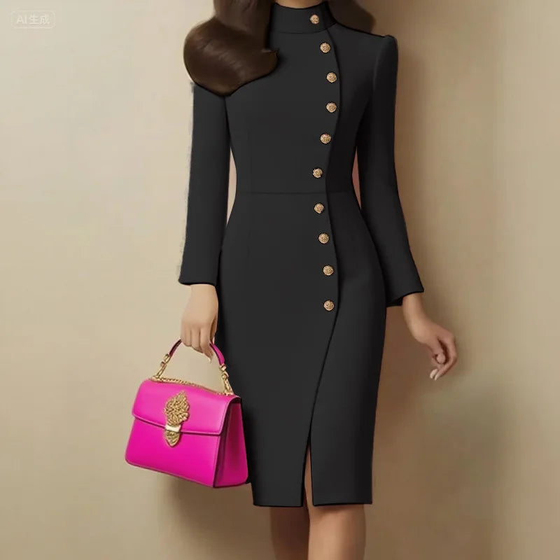 Women's Stand Collar Metal Button Slit Mini Dress