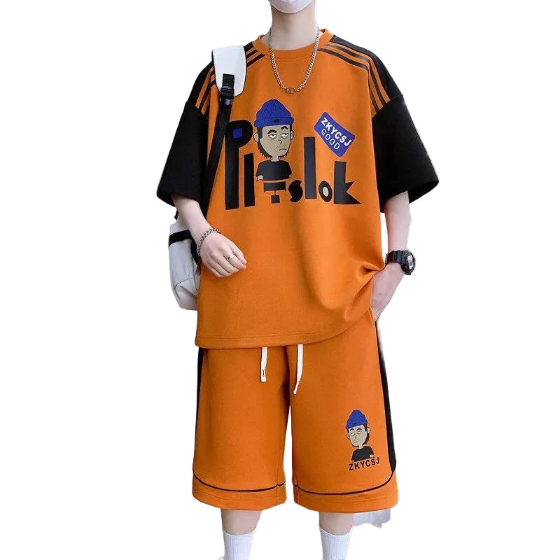 Men's Casual Printed Short Sleeve T-Shirt and Shorts Two Piece Set