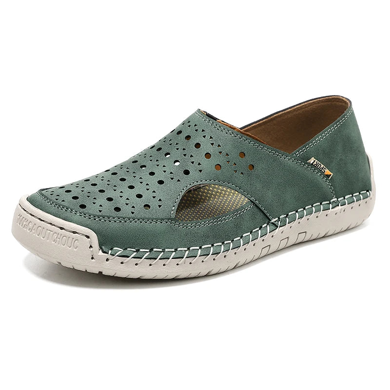 Hand-Sewn Leather Hollow-Out Sandals Unisex Casual Outdoor Walking Shoes