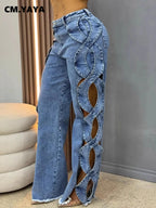 Women's High-Waist Cutout Criss Cross Wide Leg Denim Pants