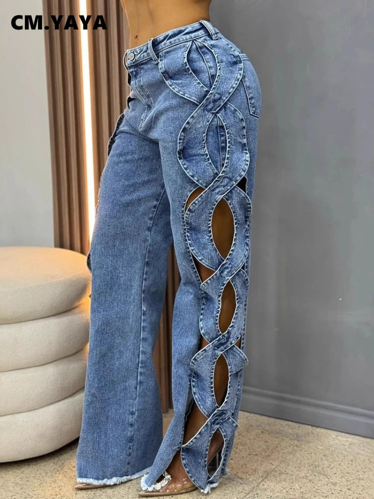Women's High-Waist Cutout Criss Cross Wide Leg Denim Pants